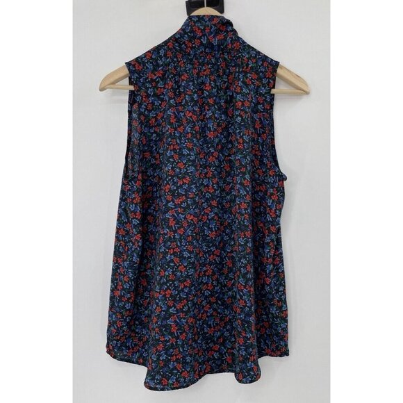 LOFT Women’s Navy Blue Floral Tie Beck Chiffon Sleeveless Blouse Boho‎ Sz M - Picture 2 of 8